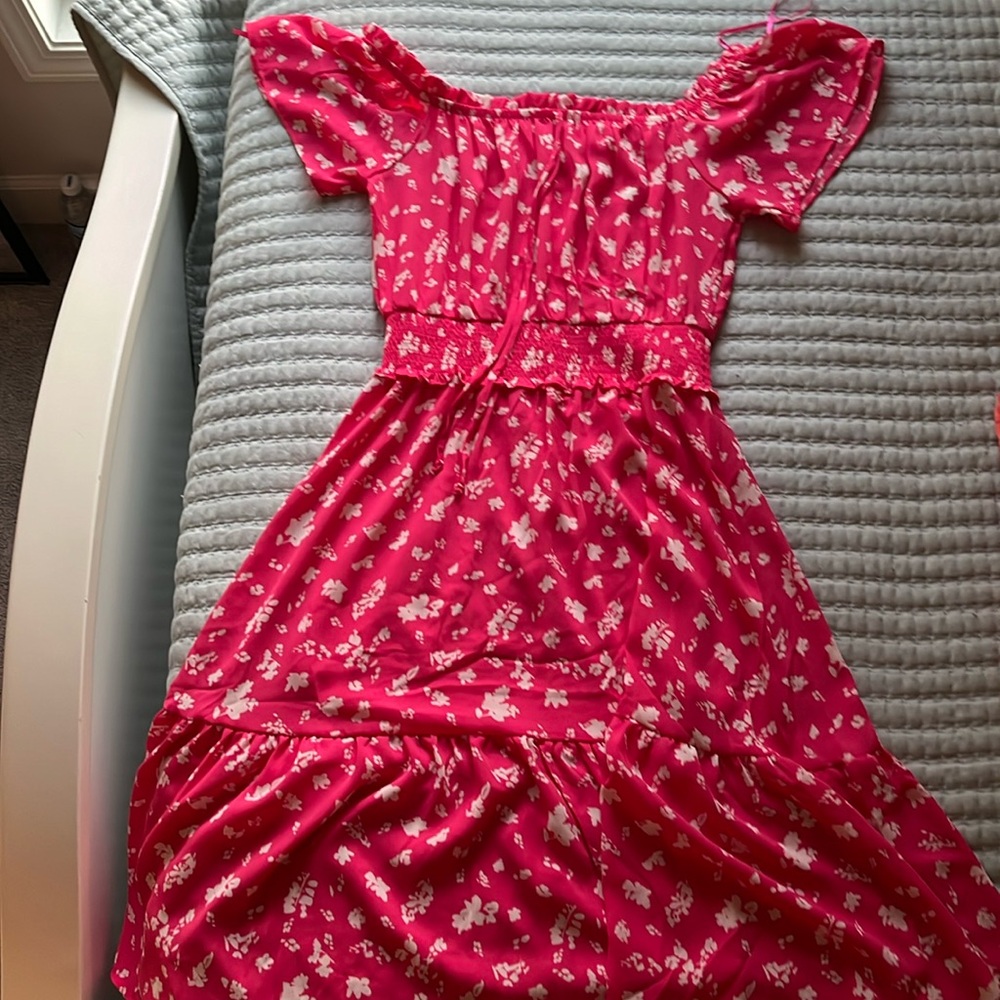 Pink floral dress off the shoulder or it could be on shoulder